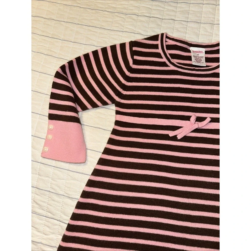 Gymboree Girls 2T Pink Brown Striped Cotton Knit Sweater Dress Long Sleeve Bow‎